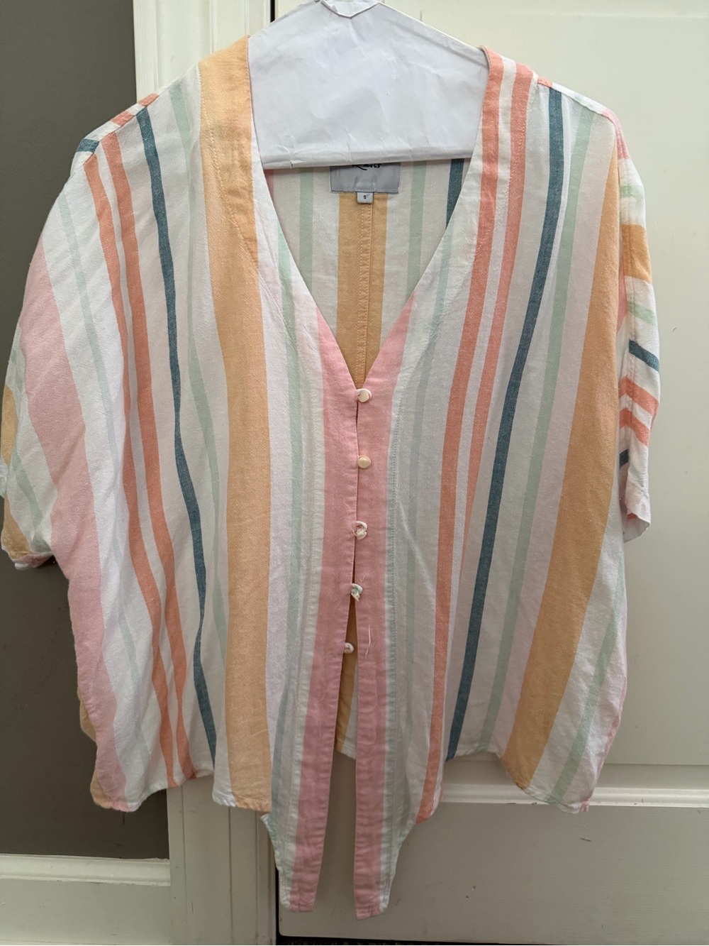 Rails Striped V-Neck Button Front Women’s Top in Pastel Multi-missing button